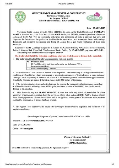India Hyderabad provisional trade license Word and PDF template