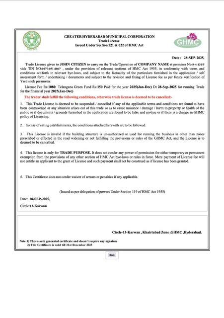 India Hyderabad trade license Word and PDF template