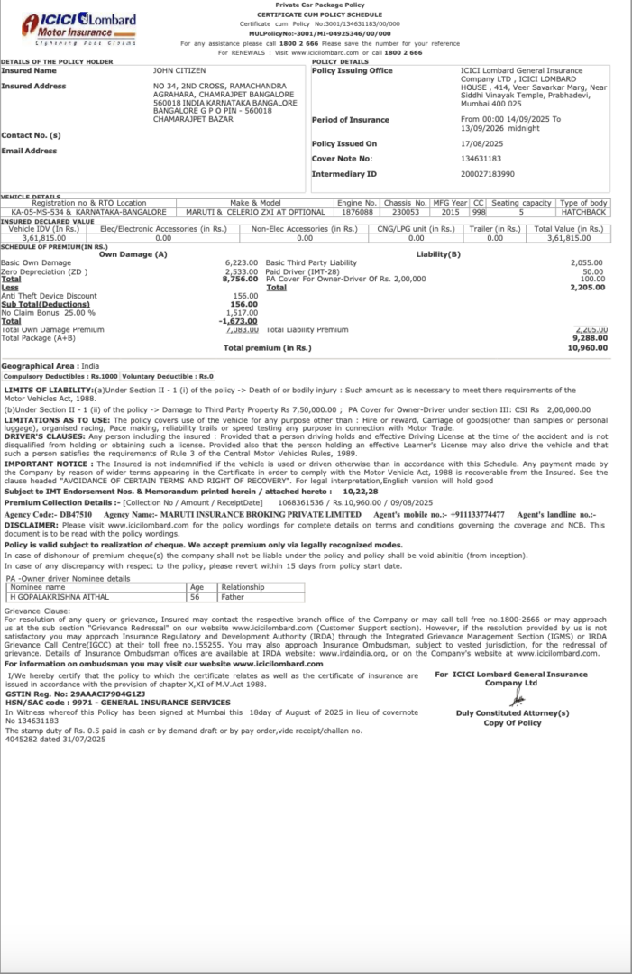 India ICICI Lombard General Insurance Company certificate cum policy schedule Word and PDF template