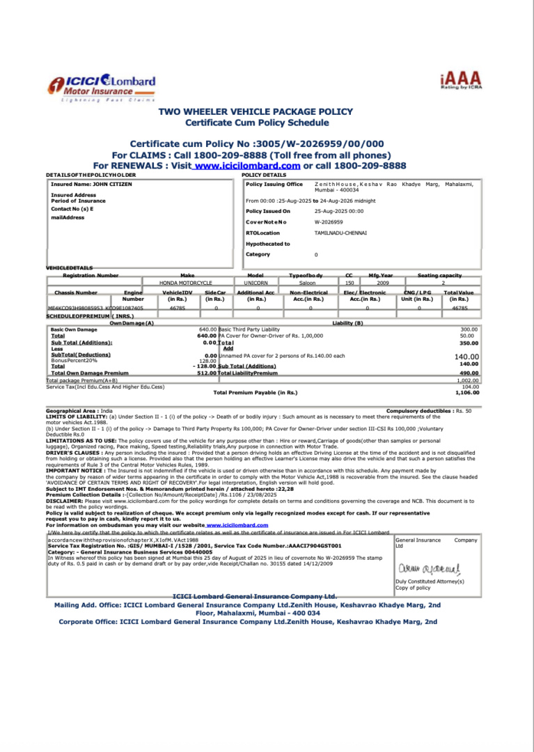 India ICICI Lombard General Insurance Company certificate cum policy schedule Word and PDF template, version 2