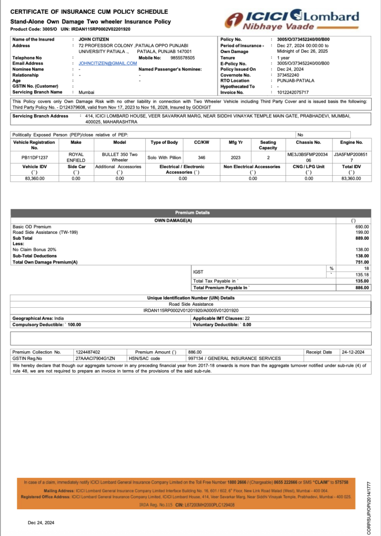 India ICICI Lombard General Insurance Company certificate of insurance cum policy schedule Word and PDF template