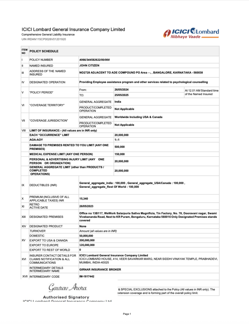 India ICICI Lombard General Insurance Company comprehensive general liability insurance Word and PDF template