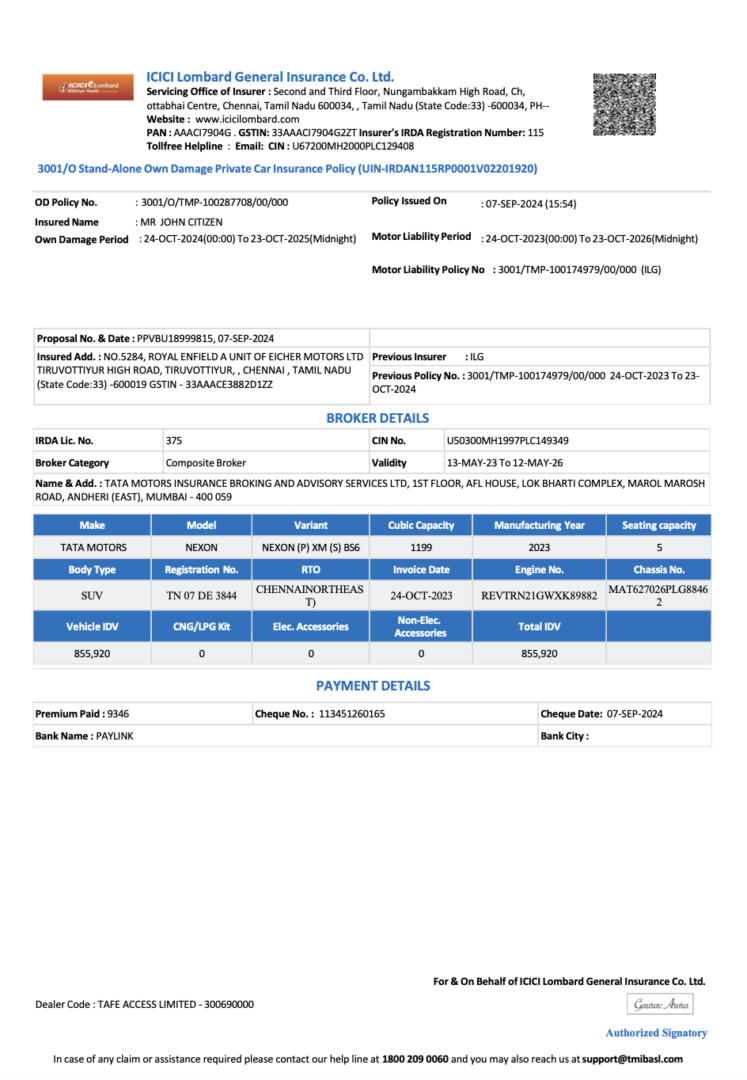 India ICICI Lombard General Insurance Company private car insurance policy Word and PDF template