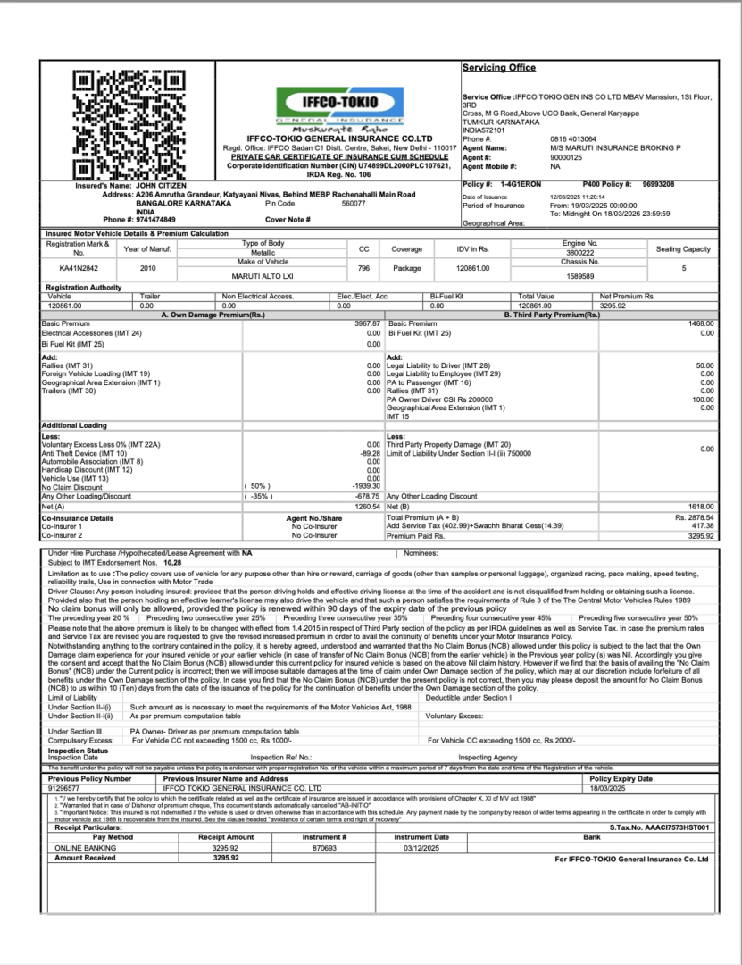 India IFFCO-Tokio General Insurance Co.Ltd private car certificate of insurance cum schedule Word and PDF template