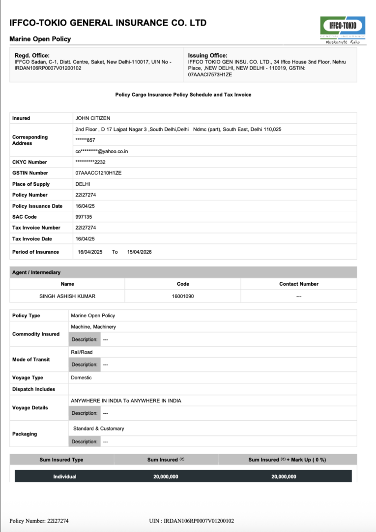 India IFFCO-Tokio General Insurance policy cargo insurance, policy schedule and tax invoice Word and PDF template