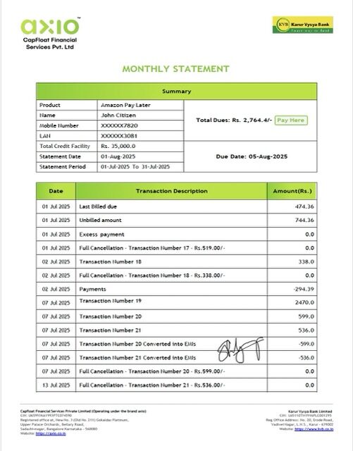 India Karur Vysya Bank account statement Word and PDF template, version 2