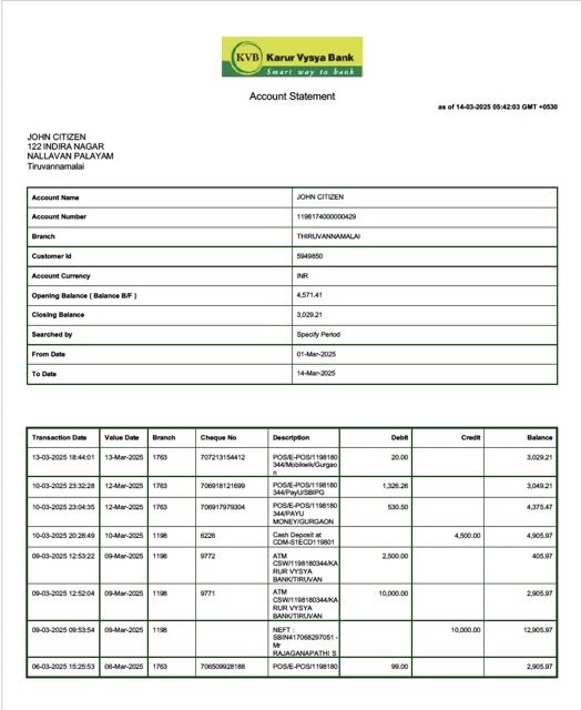 India Karur Vysya Bank account statement Word and PDF template