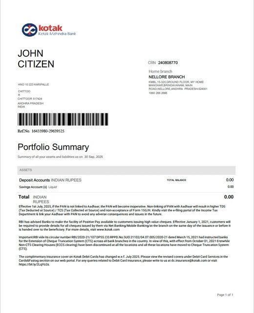 India Kotak Mahindra Bank account statement Word and PDF template