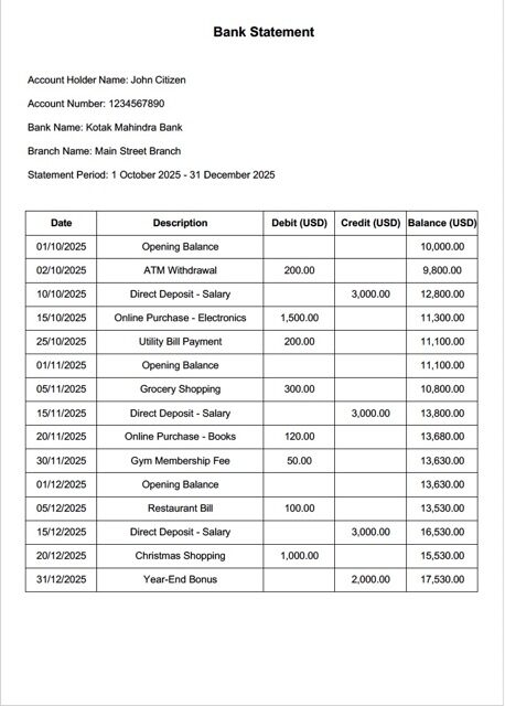 India Kotak Mahindra Bank statement Word and PDF template