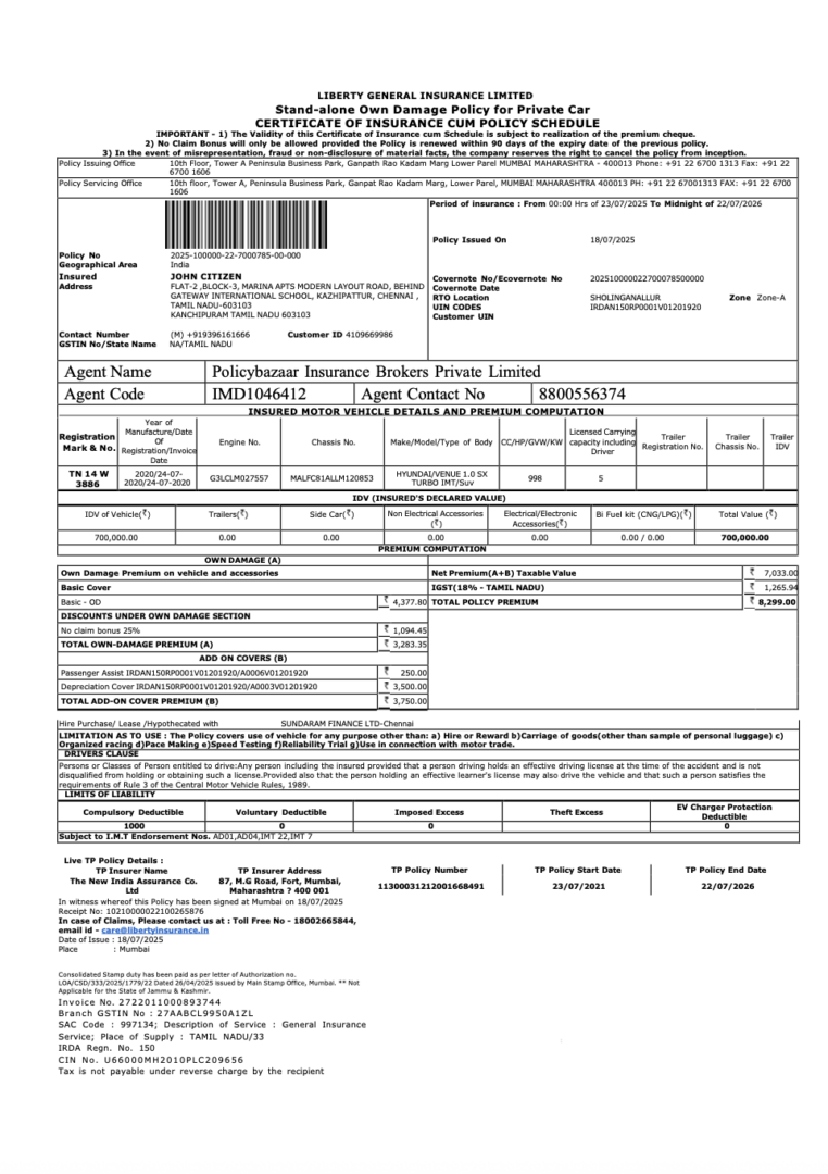 India Liberty General Insurance certificate of insurance cum policy schedule Word and PDF template