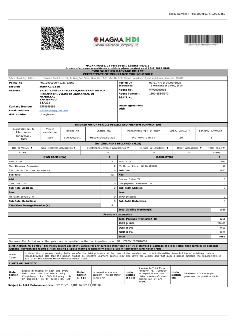 India Magma HDI certificate of insurance cum schedule Word and PDF template