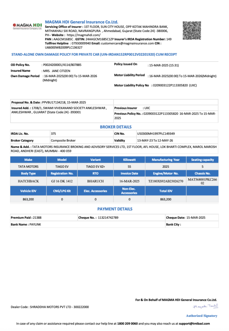 India Magma HDI stand-alone own damage policy for private car Word and PDF template