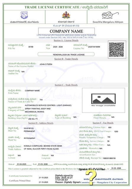 India Mangaluru trade license certificate Word and PDF template