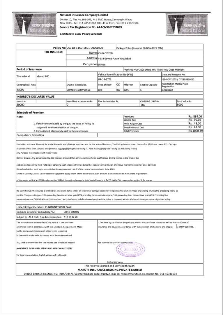 India National Insurance Company Limited certificate cum policy schedule Word and PDF template
