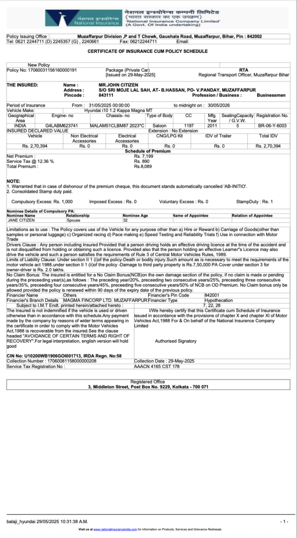 India National Insurance Company Limited certificate cum policy schedule Word and PDF template, version 2