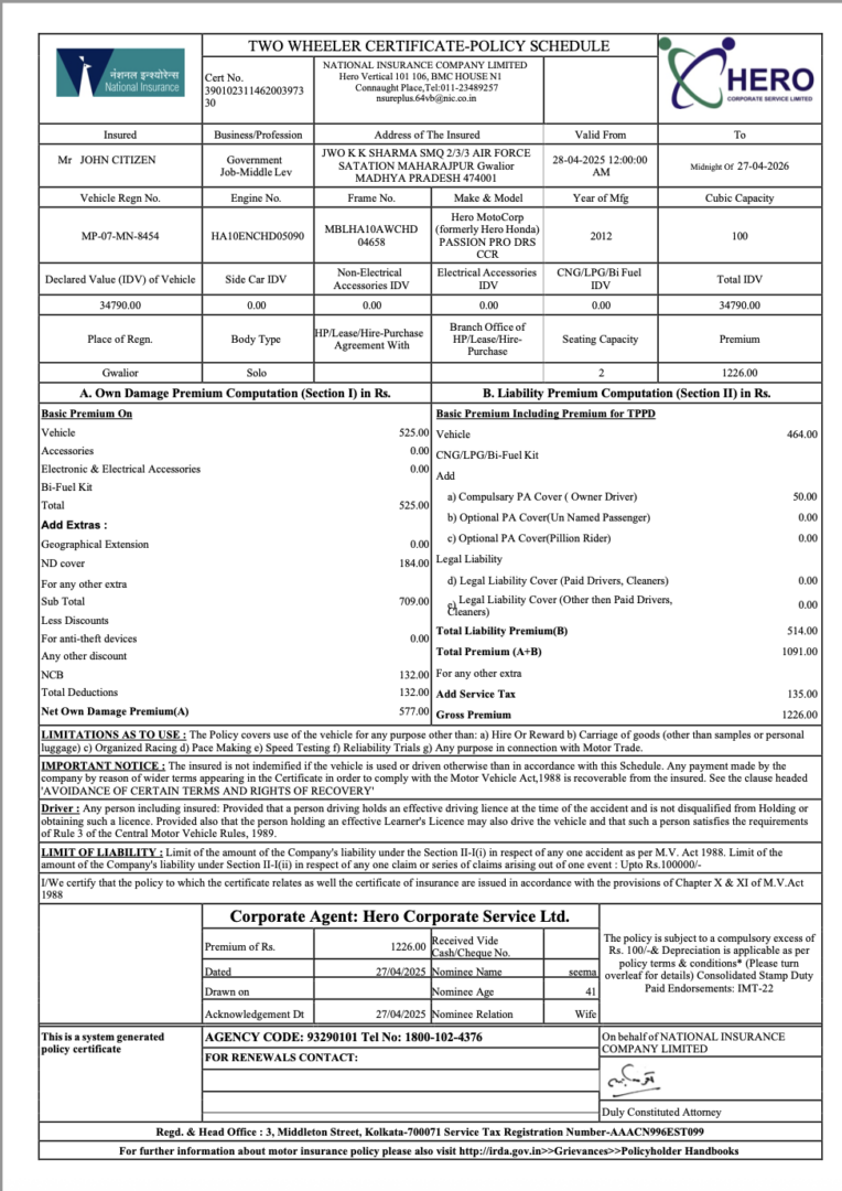 India National Insurance two wheeler certificate-policy schedule Word and PDF template