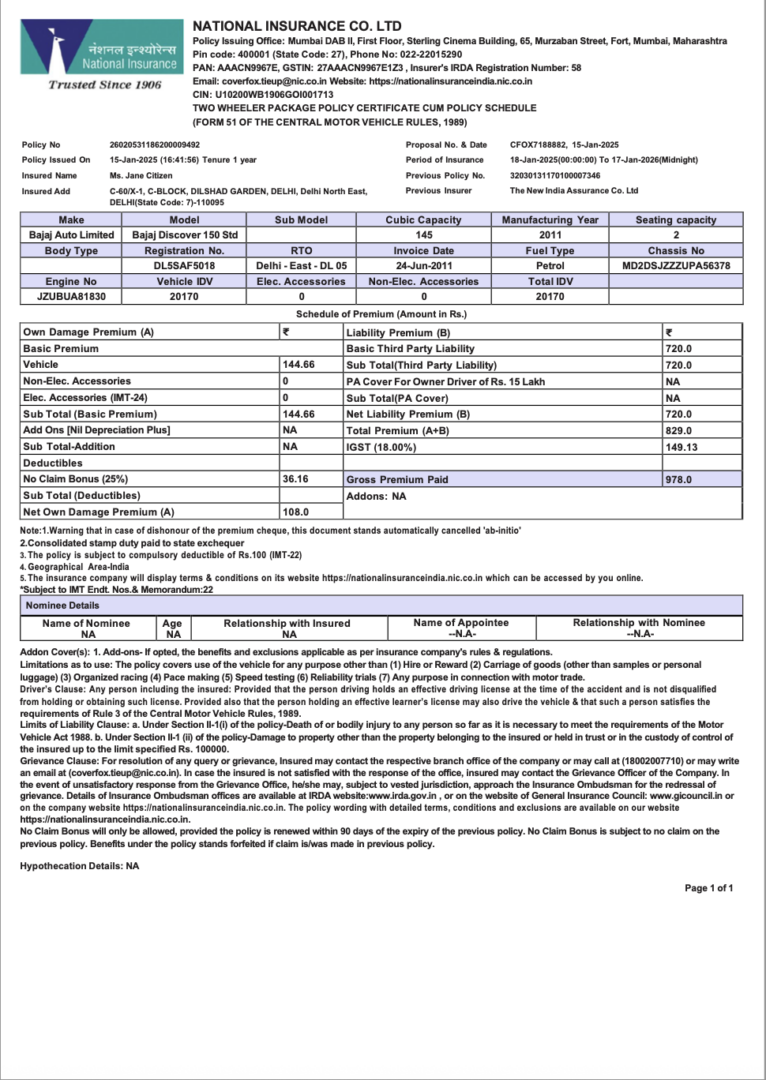 India National Insurance two wheeler package policy certificate cum policy schedule Word and PDF template