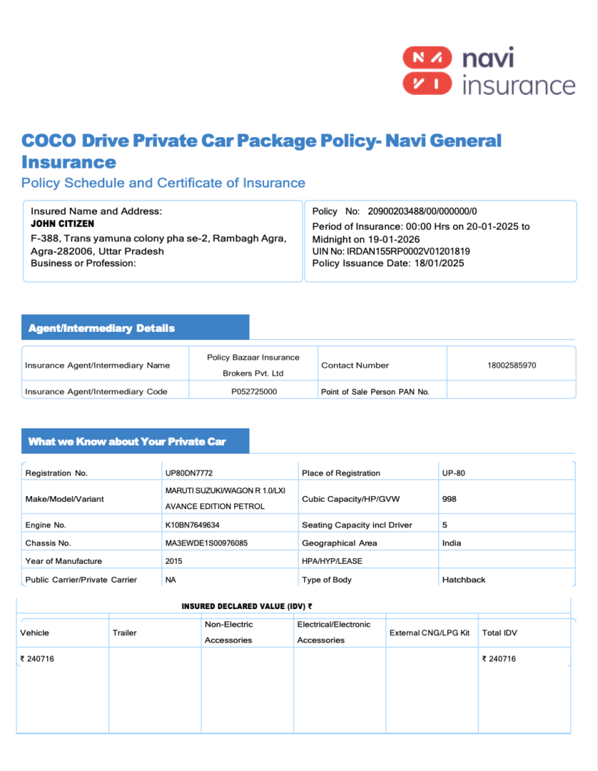 India Navi Insurance policy schedule and certificate of insurance Word and PDF template