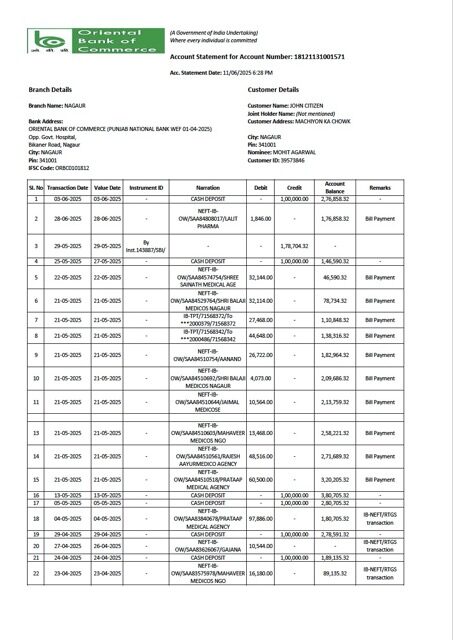 India Oriental Bank of Commerce account statement Word and PDF template
