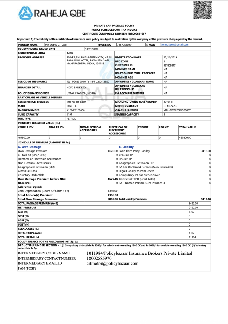 India Raheja QBE General Insurance certificate cum policy Word and PDF template