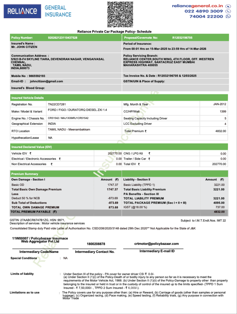India Reliance Private car package policy Word and PDF template