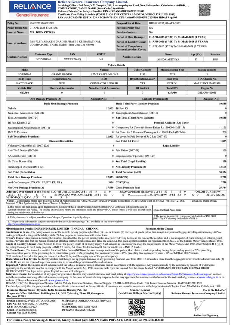 India Reliance certificate cum policy schedule Word and PDF template