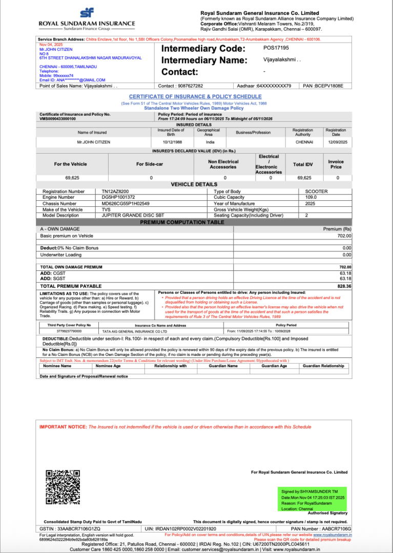 India Royal Sundaram General Insurance certificate of insurance & policy schedule Word and PDF template