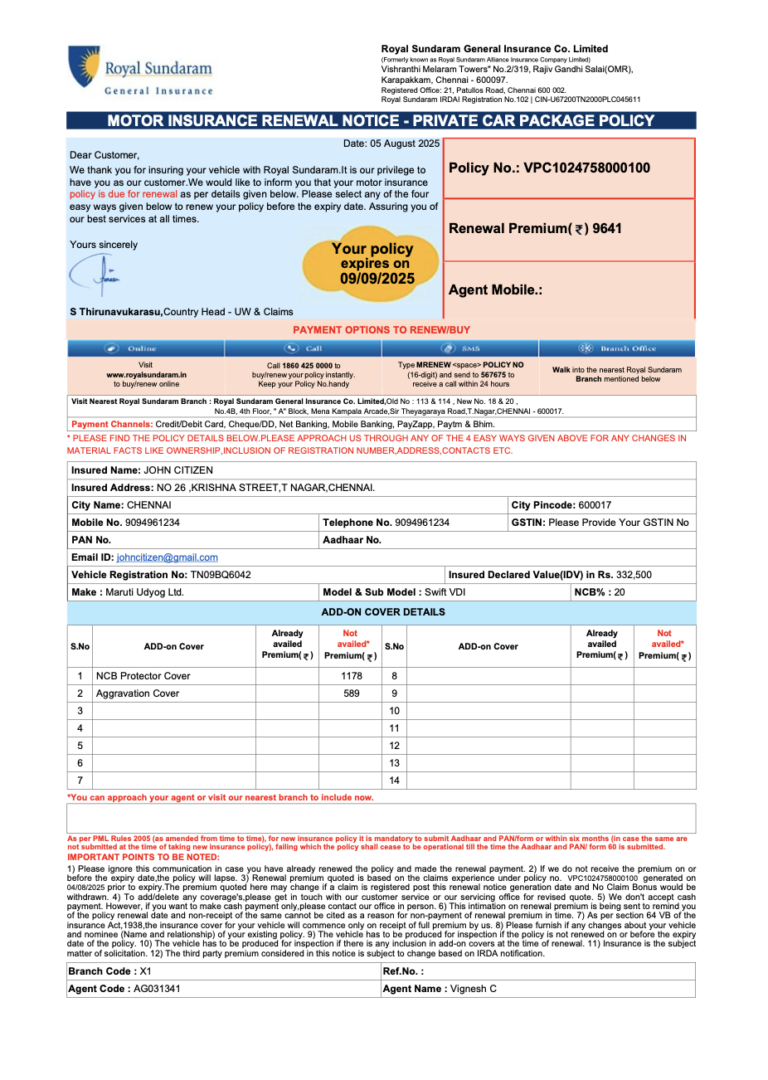 India Royal Sundaram General Insurance Company motor insurance renewal notice Word and PDF template