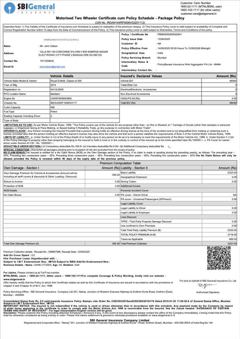 India SBI General Insurance motorised two wheeler certificate cum policy schedule Word and PDF template