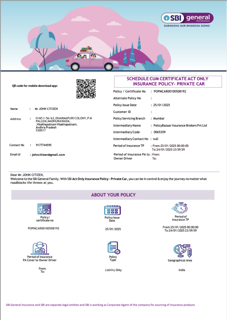 India SBI General Insurance schedule cum certificate insurance policy Word and PDF template