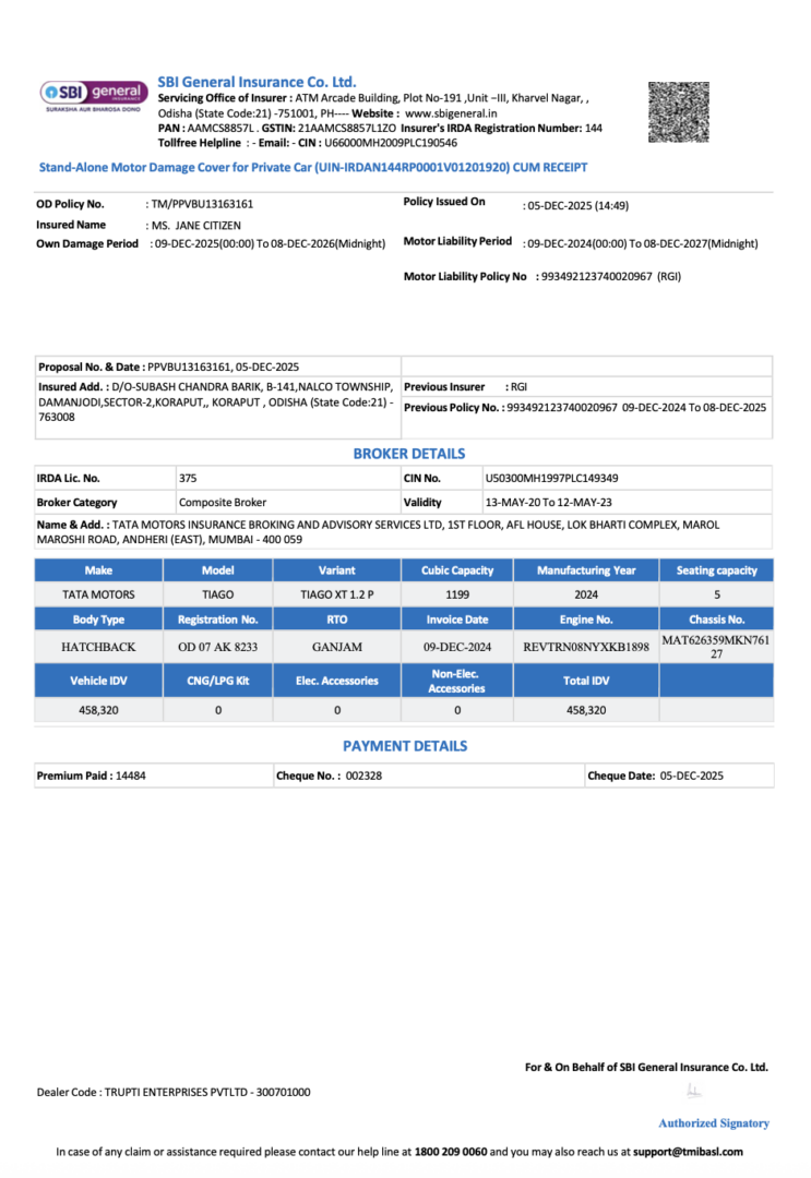India SBI General Insurance stand-alone motor damage cover for private car Word and PDF template