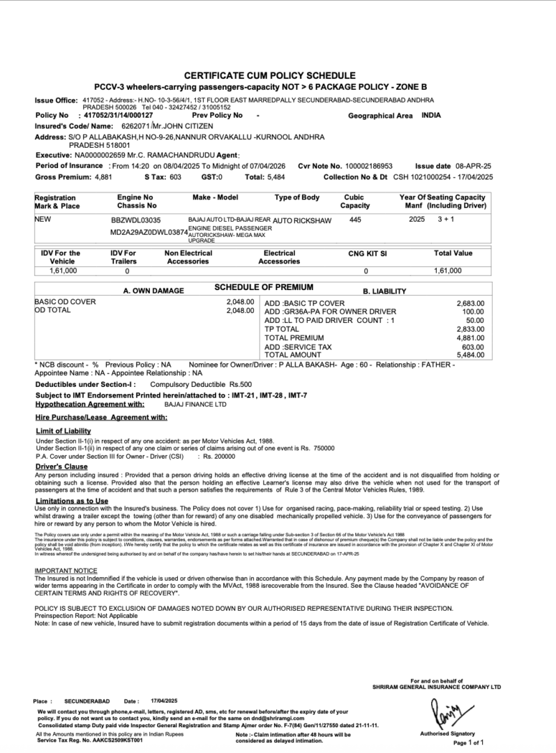 India Shriram General Insurance certificate cum policy schedule Word and PDF template, version 2