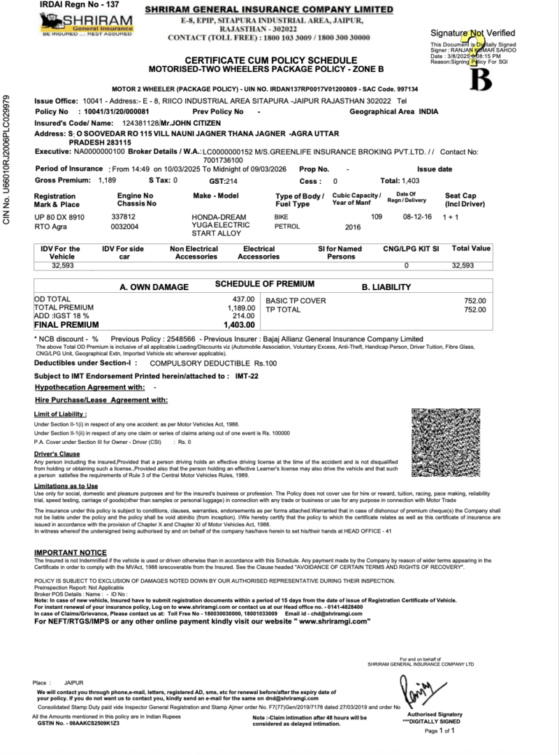 India Shriram General Insurance certificate cum policy schedule Word and PDF template