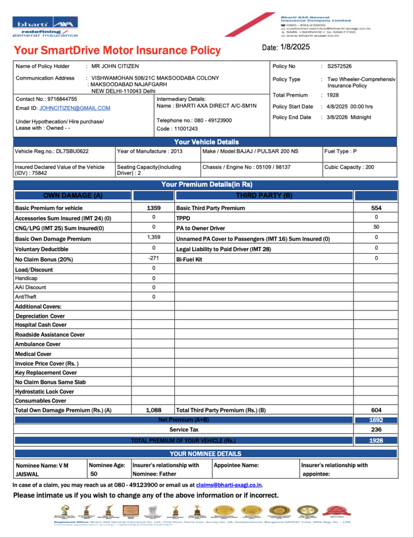 India SmartDrive motor insurance policy Word and PDF template