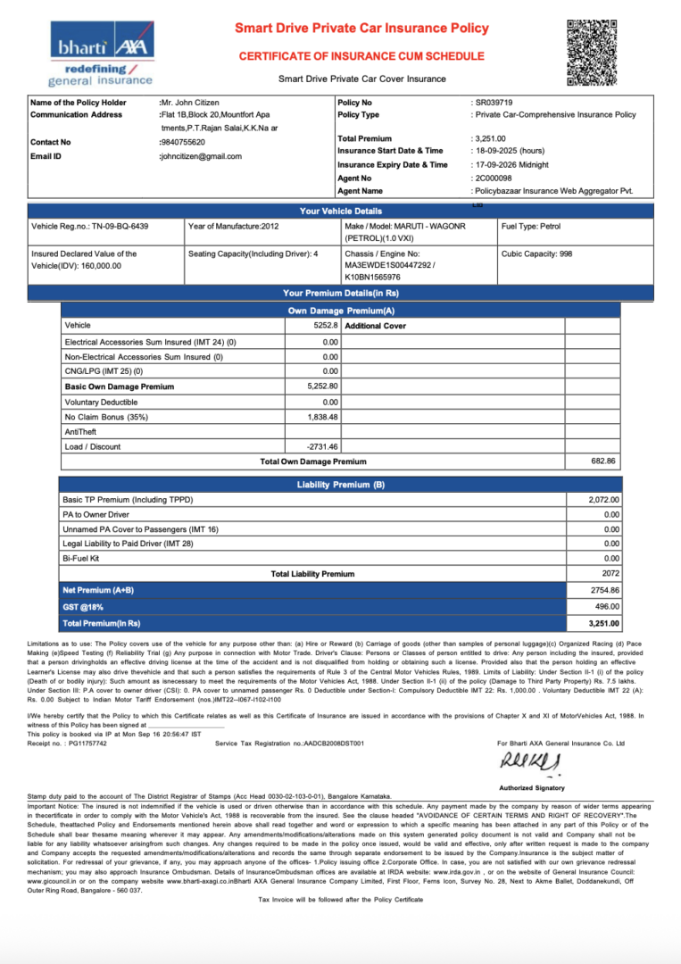 India SmartDrive Motor Insurance certificate of insurance cum schedule Word and PDF template, version 2