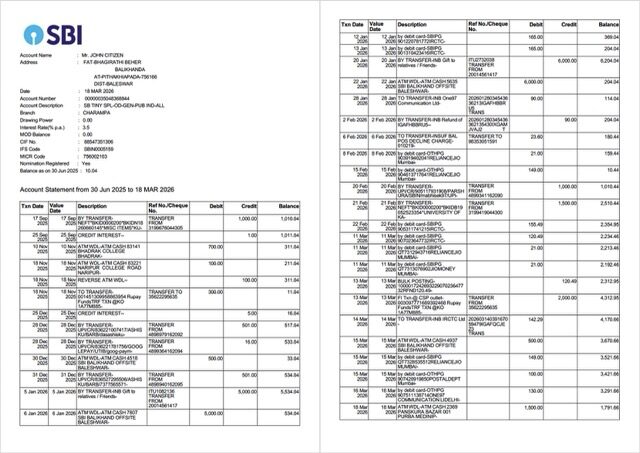 India State Bank of India account statement Word and PDF template, 2 pages