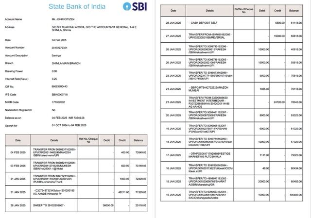 India State Bank of India account statement Word and PDF template, 2 pages, version 2