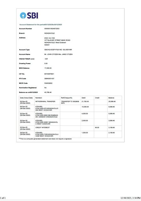 India State Bank of India account statement Word and PDF template, version 3