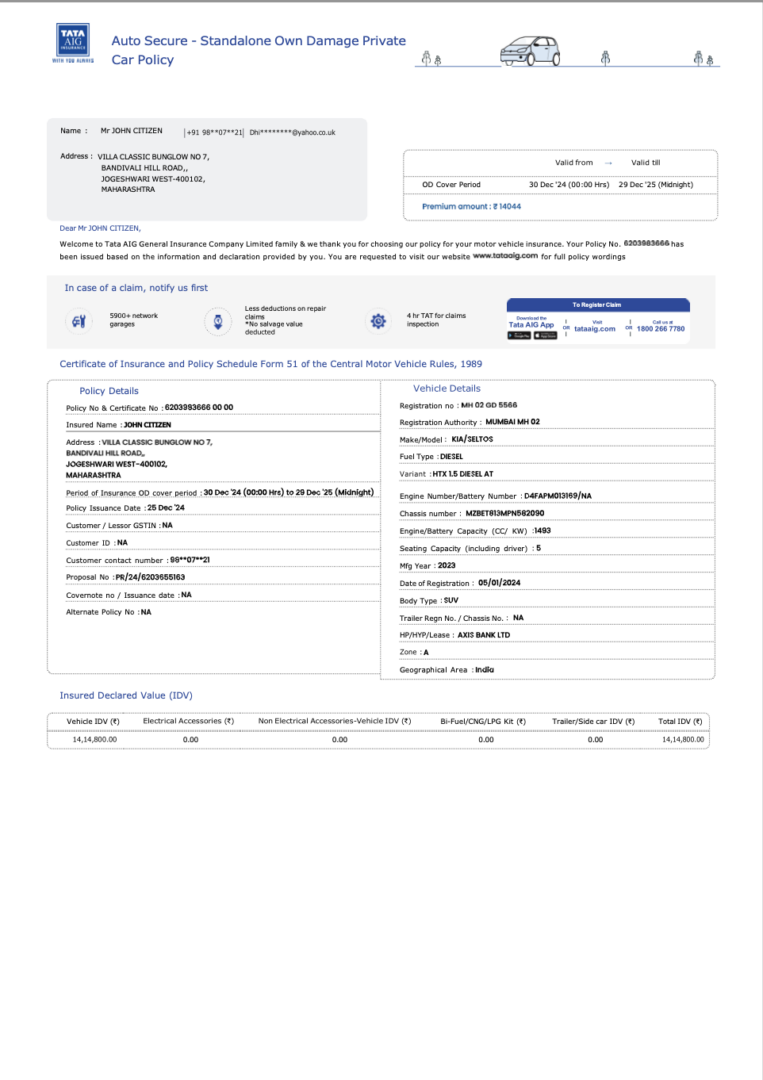 India TATA AIG standalone own damage private car policy Word and PDF template
