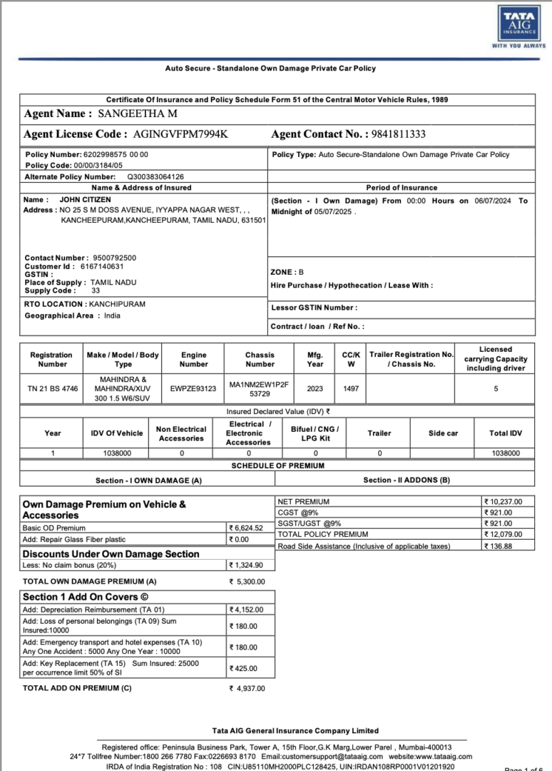 India TATA AIG certificate of insurance and policy schedule Word and PDF template, version 2