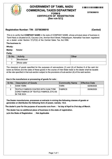India Tamil Nadu certificate of registration Word and PDF template
