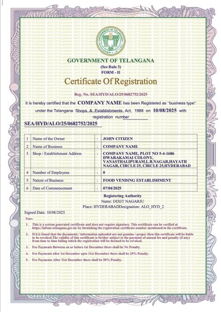 India Telangana certificate of registration Word and PDF template