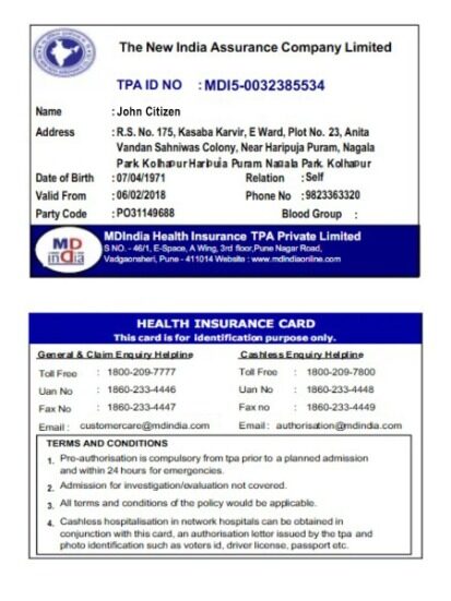 India The New India assurance company limited health insurance card template in PSD format
