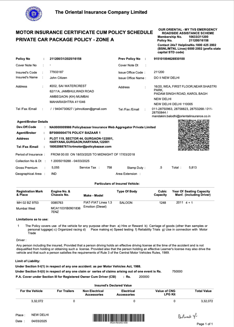 India The Oriental Insurance Company Motor Insurance certificate cum policy schedule Word and PDF template