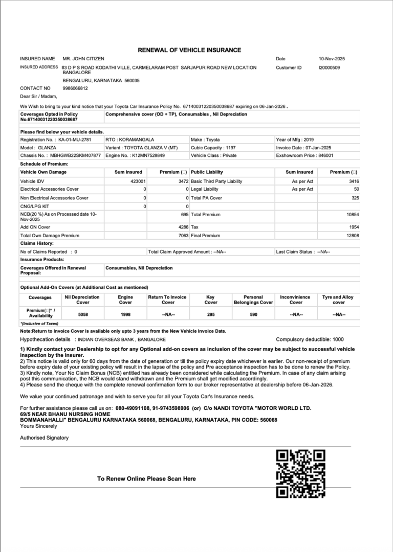 India Toyota Car Insurance renewal of vehicle insurance Word and PDF template