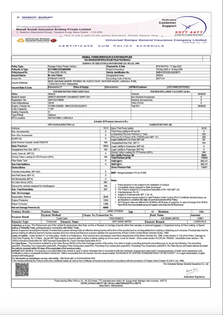India Universal Sompo General Insurance certificate cum policy schedule Word and PDF template