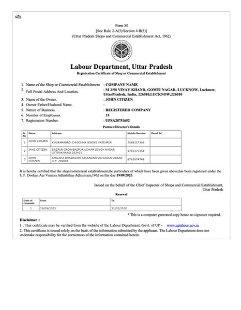 India Uttar Pradesh registration certificate of shop or commercial establishment Word and PDF template