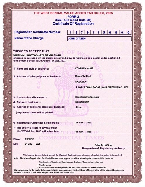 India West Bengal certificate of registration Word and PDF template