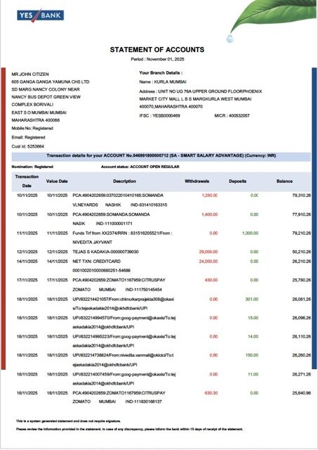 India YES Bank statement of account Word and PDF template