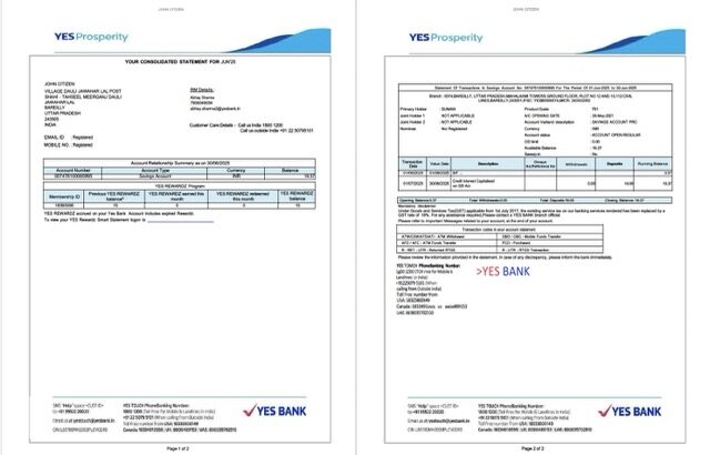 India Yes Bank account statement Word and PDF template, 2 pages